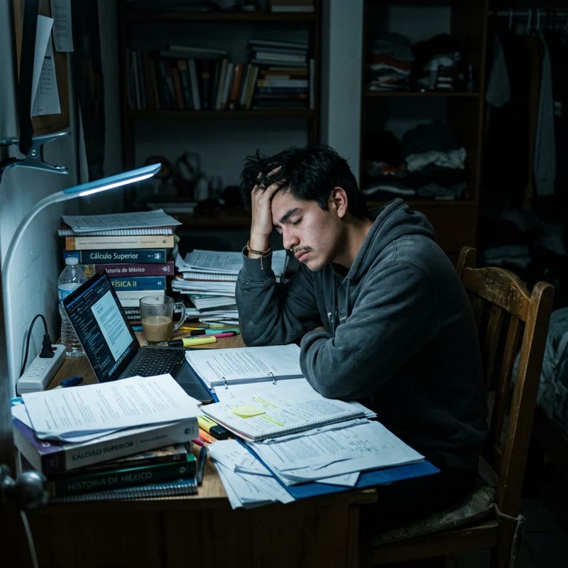 Estudiante estresado estudiando de noche sin un plan