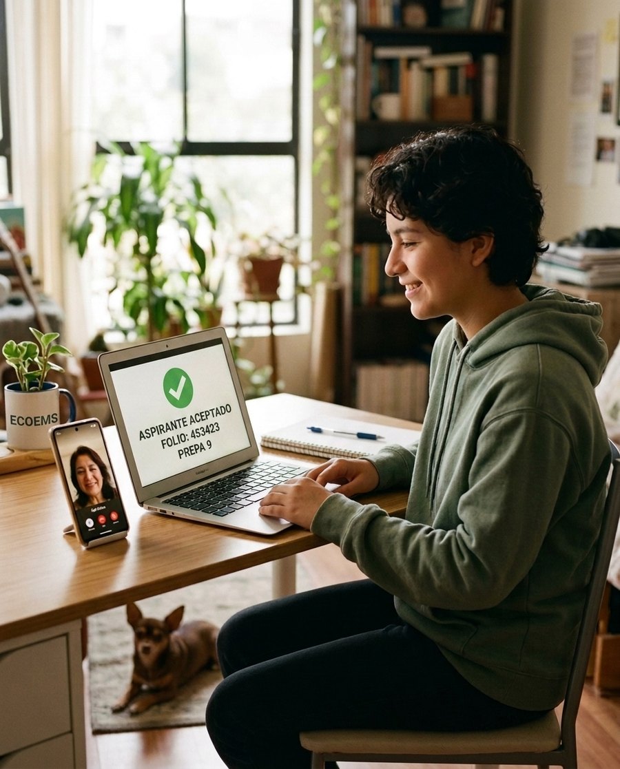 Estudiante viendo en su laptop el resultado del ECOEMS: aspirante aceptado en la Prepa 9, compartiendo la noticia por videollamada