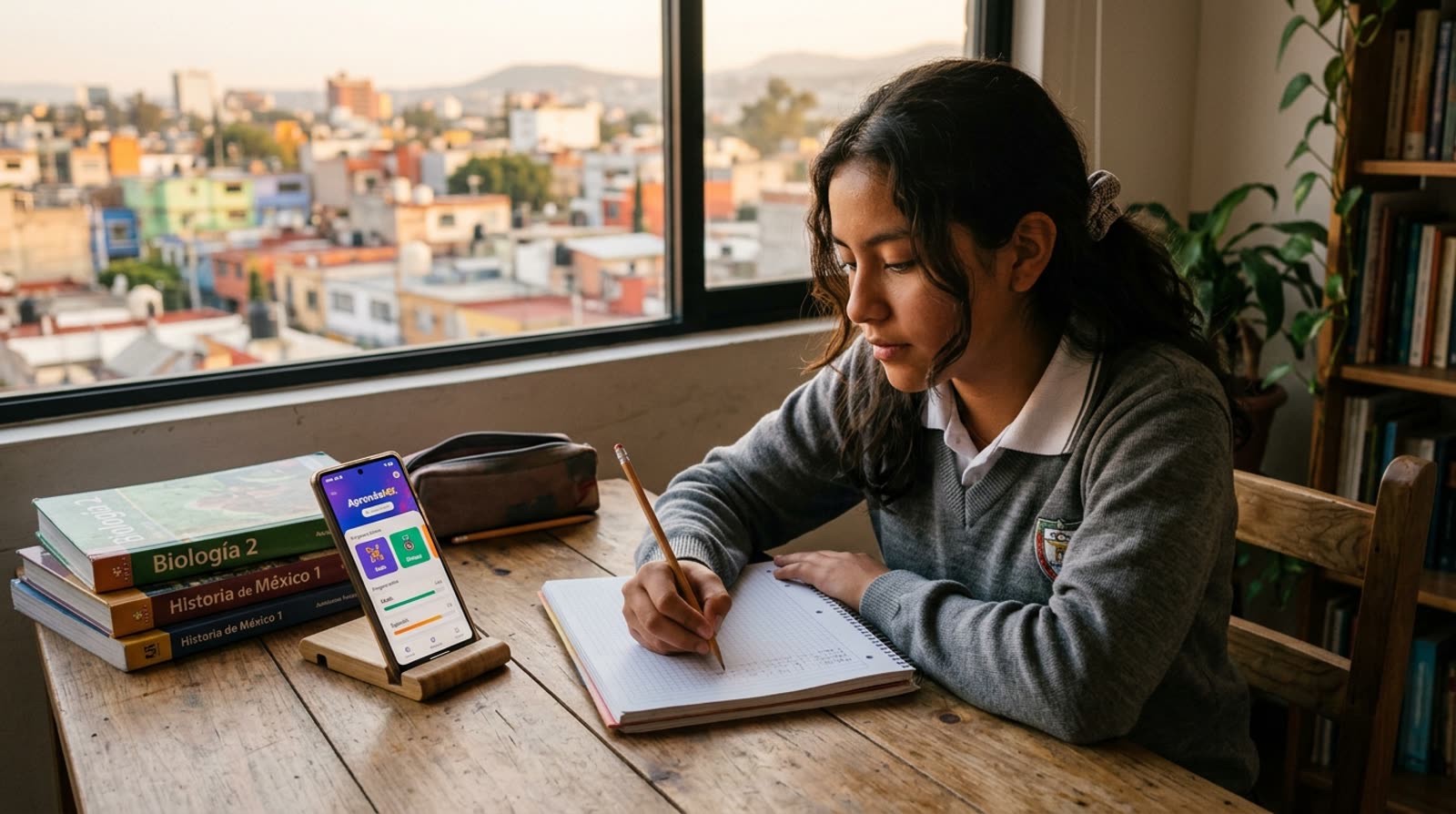 Estudiante de secundaria en México preparándose para el examen ECOEMS 2027 con la app y sus apuntes