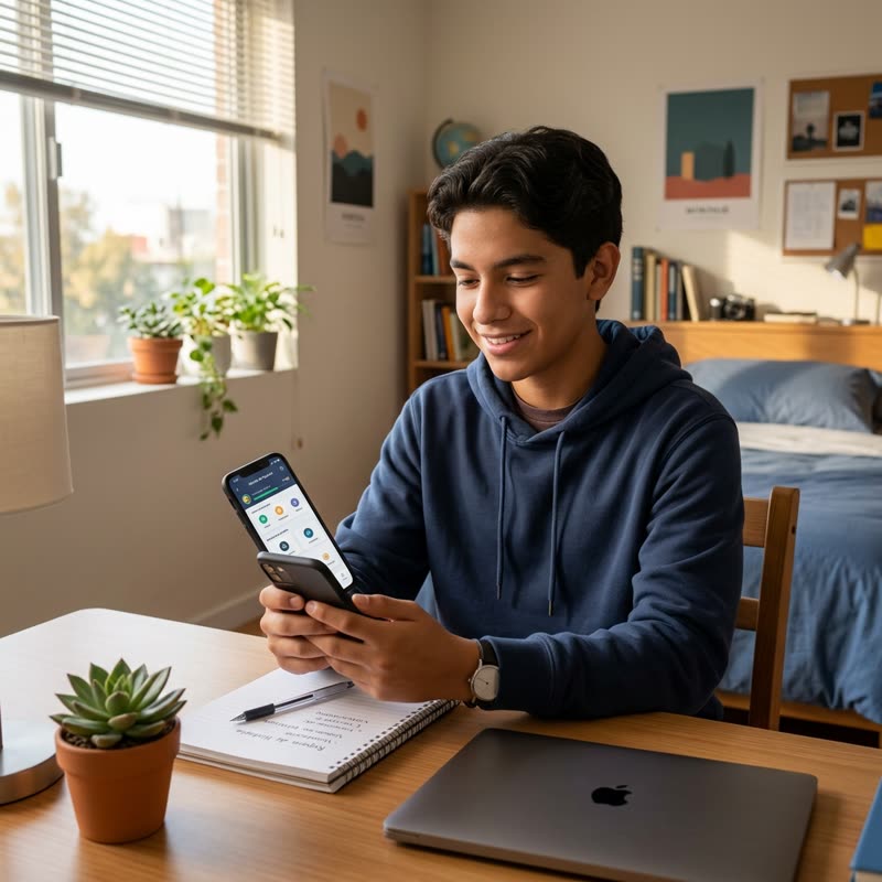Estudiante confiado practicando con la app Curso ECOEMS