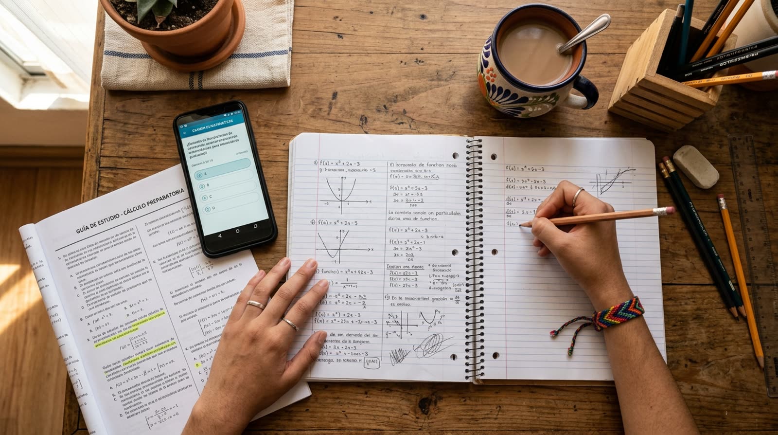 Guía de estudio impresa, app de práctica con preguntas y cuaderno de apuntes de un estudiante preparándose para el ECOEMS